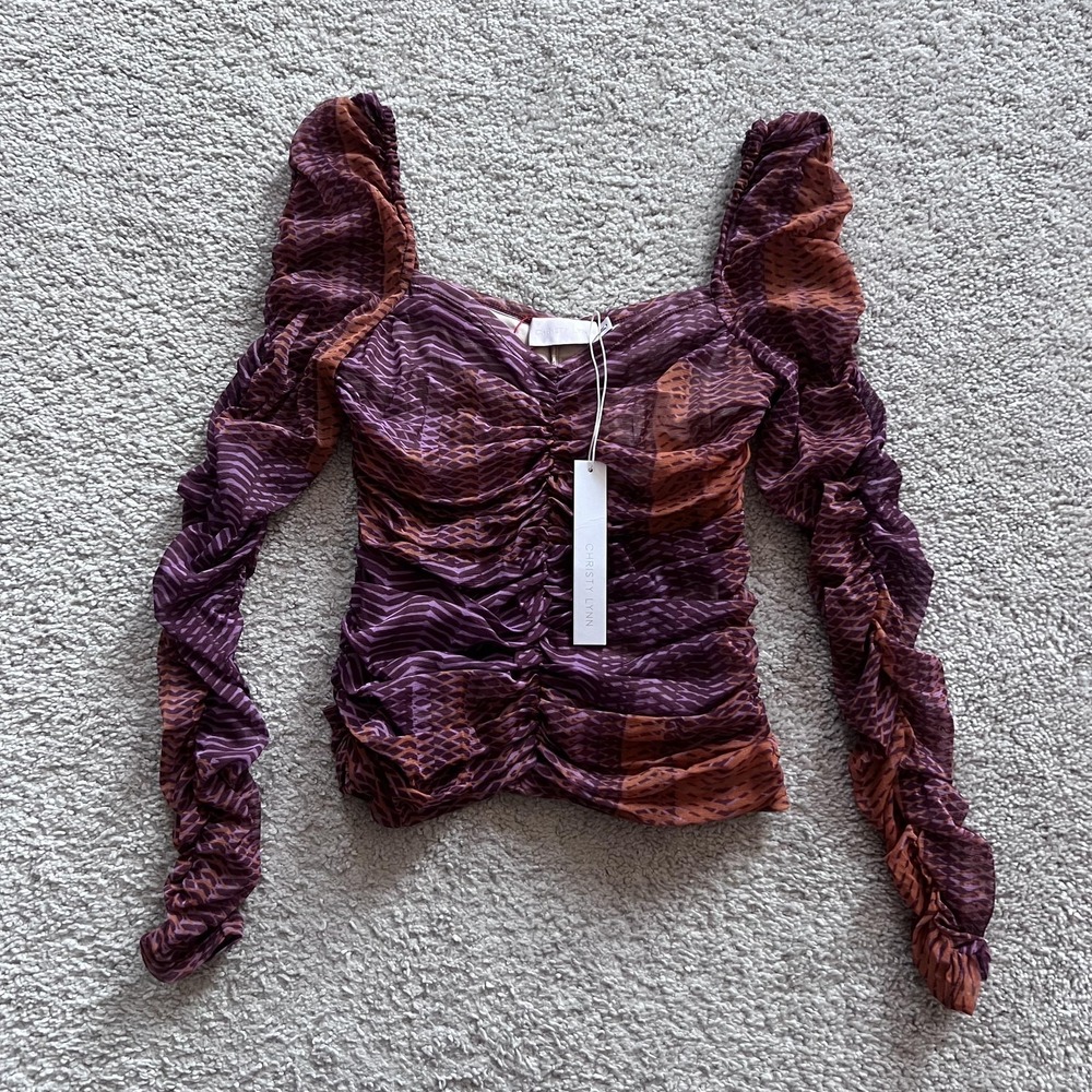 Christy Lynn Ruched Puff Sleeve Blouse Womens S Purple Sheer Geometric Top